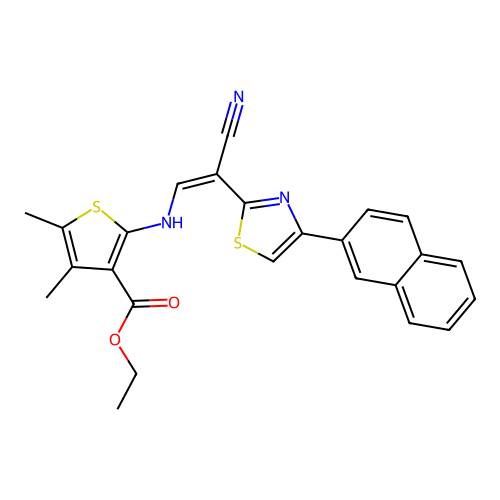 (Z)-ethyl 2-((2-cyano-2-(4-(naphthalen-2-yl)thiazol-2-yl)vinyl)amino)-4,5-dimethylthiophene-3-carboxylate structure