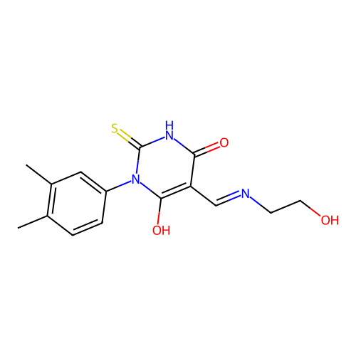(5E)-1-(3,4-dimethylphenyl)-5-[(2-hydroxyethylamino)methylidene]-2-sulfanylidene-1,3-diazinane-4,6-dione structure