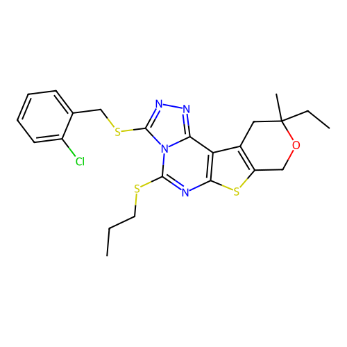 3-((2-chlorobenzyl)thio)-10-ethyl-10-methyl-5-(propylthio)-10,11-dihydro-8H-pyrano[4',3':4,5]thieno[3,2-e][1,2,4]triazolo[4,3-c]pyrimidine structure