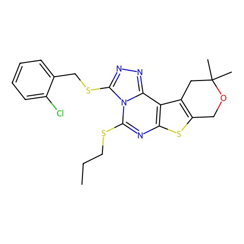 3-((2-chlorobenzyl)thio)-10,10-dimethyl-5-(propylthio)-10,11-dihydro-8H-pyrano[4',3':4,5]thieno[3,2-e][1,2,4]triazolo[4,3-c]pyrimidine structure