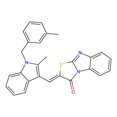 (Z)-2-((2-methyl-1-(3-methylbenzyl)-1H-indol-3-yl)methylene)benzo[4,5]imidazo[2,1-b]thiazol-3(2H)-one structure