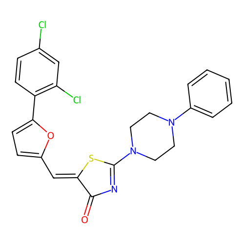 (5Z)-5-[[5-(2,4-dichlorophenyl)furan-2-yl]methylidene]-2-(4-phenylpiperazin-1-yl)-1,3-thiazol-4-one structure