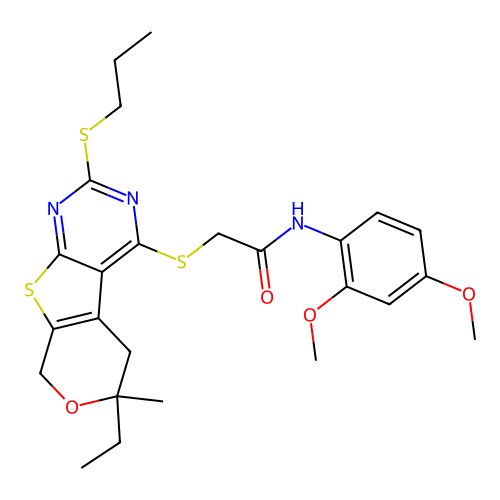 N-(2,4-dimethoxyphenyl)-2-((6-ethyl-6-methyl-2-(propylthio)-6,8-dihydro-5H-pyrano[4',3':4,5]thieno[2,3-d]pyrimidin-4-yl)thio)acetamide structure