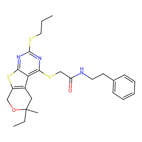 2-((6-ethyl-6-methyl-2-(propylthio)-6,8-dihydro-5H-pyrano[4',3':4,5]thieno[2,3-d]pyrimidin-4-yl)thio)-N-phenethylacetamide structure