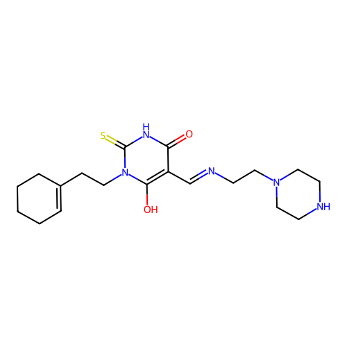 (5E)-1-[2-(cyclohexen-1-yl)ethyl]-5-[(2-piperazin-1-ylethylamino)methylidene]-2-sulfanylidene-1,3-diazinane-4,6-dione structure