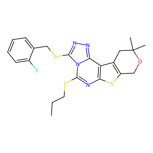 3-((2-fluorobenzyl)thio)-10,10-dimethyl-5-(propylthio)-10,11-dihydro-8H-pyrano[4',3':4,5]thieno[3,2-e][1,2,4]triazolo[4,3-c]pyrimidine structure