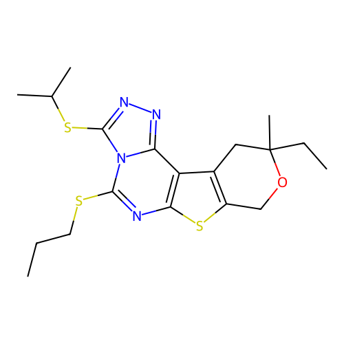 10-ethyl-10-methyl-3-(propan-2-ylsulfanyl)-5-(propylsulfanyl)-10,11-dihydro-8H-pyrano[4',3':4,5]thieno[3,2-e][1,2,4]triazolo[4,3-c]pyrimidine structure