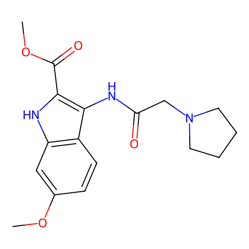 methyl 6-methoxy-3-[(pyrrolidin-1-ylacetyl)amino]-1H-indole-2-carboxylate structure