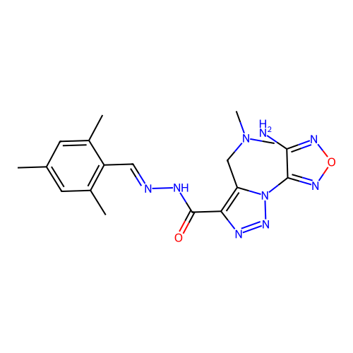 1-(4-amino-1,2,5-oxadiazol-3-yl)-5-[(dimethylamino)methyl]-N'-[(E)-(2,4,6-trimethylphenyl)methylidene]-1H-1,2,3-triazole-4-carbohydrazide structure