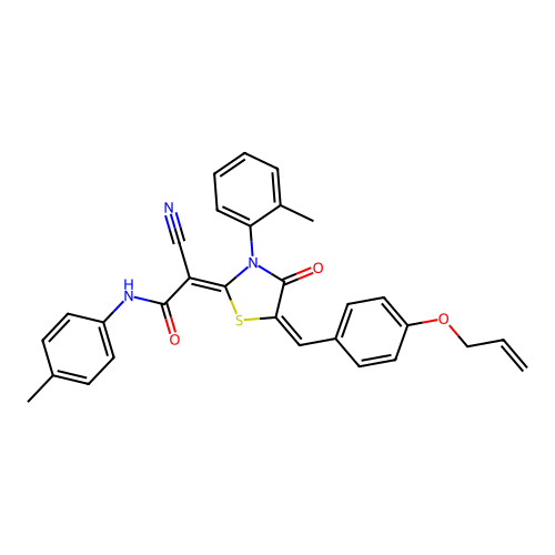 (2Z)-2-cyano-N-(4-methylphenyl)-2-[(5E)-3-(2-methylphenyl)-4-oxo-5-[(4-prop-2-enoxyphenyl)methylidene]-1,3-thiazolidin-2-ylidene]acetamide structure