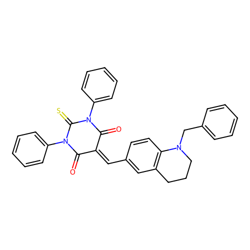 5-((1-benzyl-1,2,3,4-tetrahydroquinolin-6-yl)methylene)-1,3-diphenyl-2-thioxodihydropyrimidine-4,6(1H,5H)-dione structure