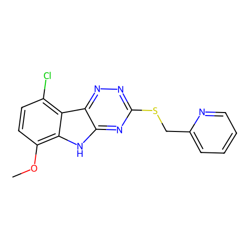 9-Chloro-6-methoxy-3-((pyridin-2-ylmethyl)thio)-5H-[1,2,4]triazino[5,6-b]indole structure