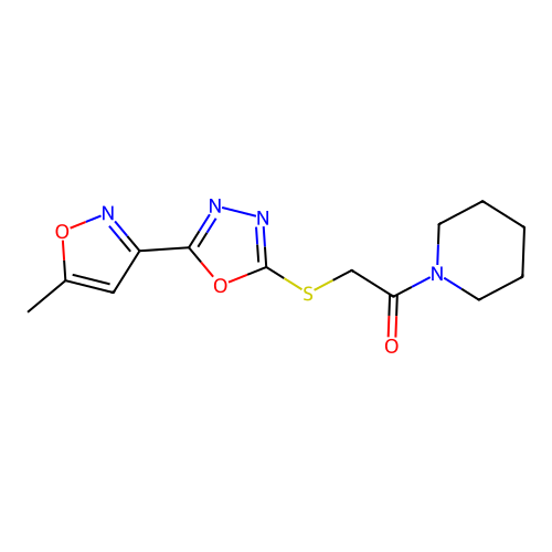 5-(5-methyl-3-isoxazolyl)-1,3,4-oxadiazol-2-yl 2-oxo-2-(1-piperidinyl)ethyl sulfide structure