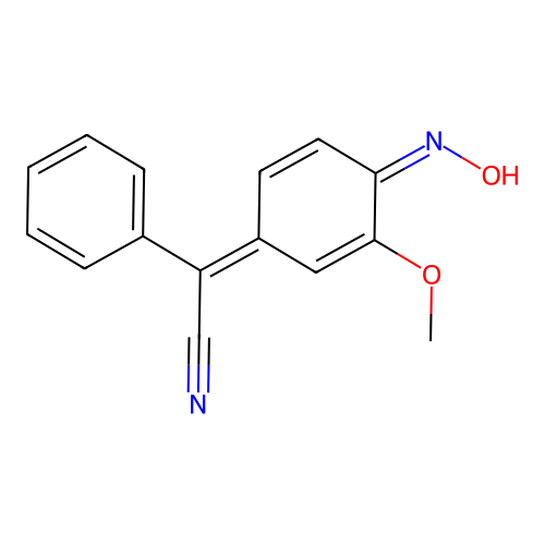 (4-Hydroxyimino-3-methoxy-cyclohexa-2,5-dienylidene)-phenylacetonitrile structure
