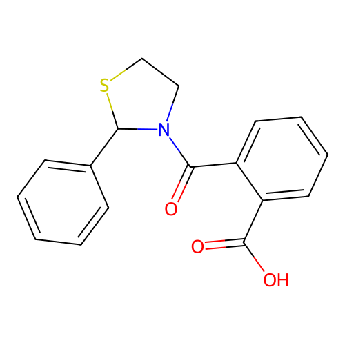2-[(2-Phenyl-1,3-thiazolidin-3-yl)carbonyl]benzoic acid structure