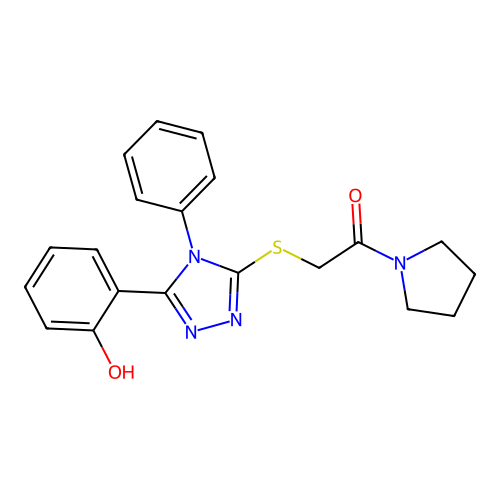 2-((5-(2-hydroxyphenyl)-4-phenyl-4H-1,2,4-triazol-3-yl)thio)-1-(pyrrolidin-1-yl)ethanone structure