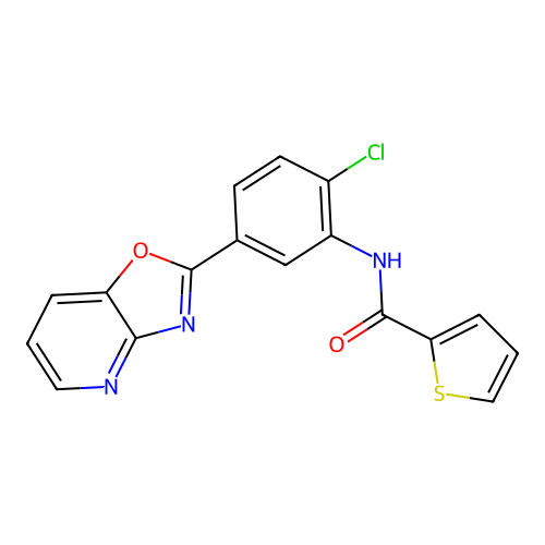 N-[2-chloro-5-([1,3]oxazolo[4,5-b]pyridin-2-yl)phenyl]thiophene-2-carboxamide structure