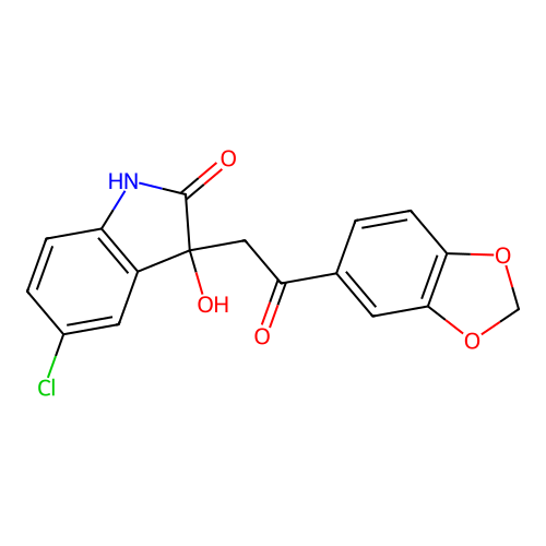 3-[2-(1,3-benzodioxol-5-yl)-2-oxoethyl]-5-chloro-3-hydroxy-1H-indol-2-one structure