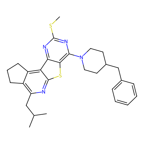 7-(4-benzylpiperidin-1-yl)-4-(2-methylpropyl)-9-(methylsulfanyl)-2,3-dihydro-1H-cyclopenta[4',5']pyrido[3',2':4,5]thieno[3,2-d]pyrimidine structure