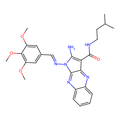 (E)-2-amino-N-isopentyl-1-((3,4,5-trimethoxybenzylidene)amino)-1H-pyrrolo[2,3-b]quinoxaline-3-carboxamide structure