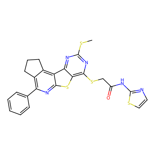 2-((9-(methylthio)-4-phenyl-2,3-dihydro-1H-cyclopenta[4',5']pyrido[3',2':4,5]thieno[3,2-d]pyrimidin-7-yl)thio)-N-(thiazol-2-yl)acetamide structure