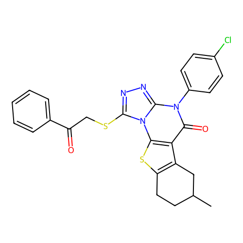 4-(4-chlorophenyl)-7-methyl-1-((2-oxo-2-phenylethyl)thio)-6,7,8,9-tetrahydrobenzo[4,5]thieno[3,2-e][1,2,4]triazolo[4,3-a]pyrimidin-5(4H)-one structure