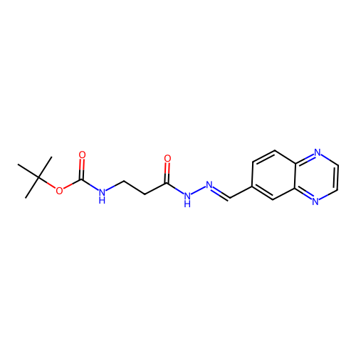 (E)-tert-butyl (3-oxo-3-(2-(quinoxalin-6-ylmethylene)hydrazinyl)propyl)carbamate structure