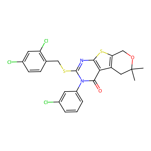 3-(3-chlorophenyl)-2-((2,4-dichlorobenzyl)thio)-6,6-dimethyl-5,6-dihydro-3H-pyrano[4',3':4,5]thieno[2,3-d]pyrimidin-4(8H)-one structure
