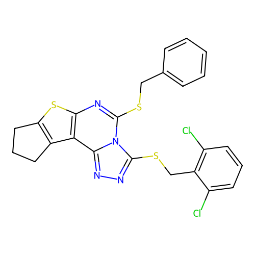 5-(benzylsulfanyl)-3-[(2,6-dichlorobenzyl)sulfanyl]-9,10-dihydro-8H-cyclopenta[4,5]thieno[3,2-e][1,2,4]triazolo[4,3-c]pyrimidine structure