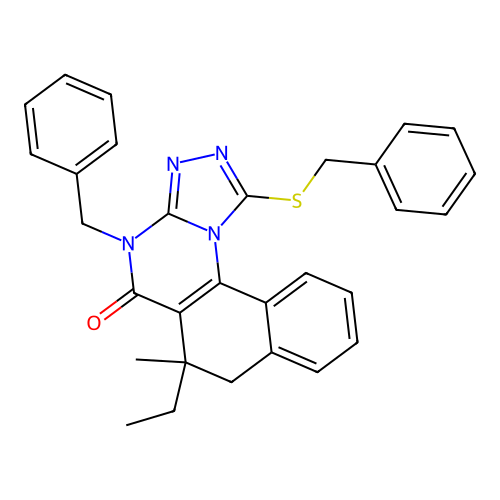 4-benzyl-1-(benzylsulfanyl)-6-ethyl-6-methyl-6,7-dihydrobenzo[h][1,2,4]triazolo[4,3-a]quinazolin-5(4H)-one structure