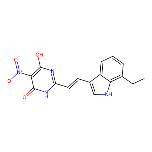 2-[(E)-2-(7-ethyl-1H-indol-3-yl)ethenyl]-6-hydroxy-5-nitropyrimidin-4(3H)-one structure