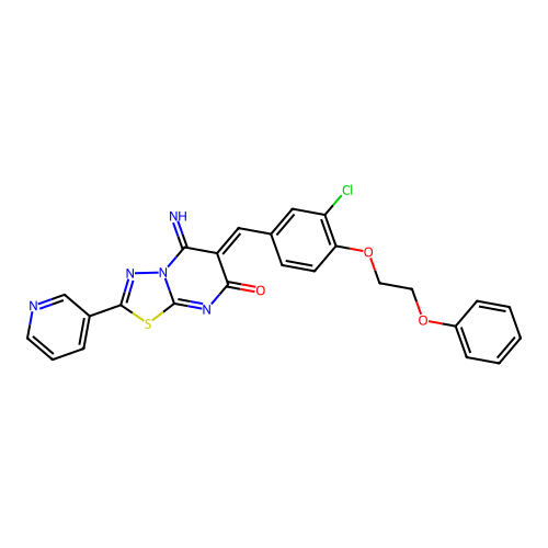 (6Z)-6-[[3-chloro-4-(2-phenoxyethoxy)phenyl]methylidene]-5-imino-2-pyridin-3-yl-[1,3,4]thiadiazolo[3,2-a]pyrimidin-7-one structure