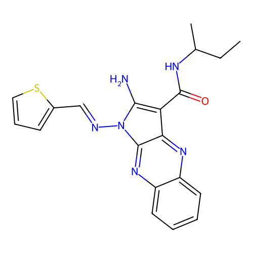 (E)-2-amino-N-(sec-butyl)-1-((thiophen-2-ylmethylene)amino)-1H-pyrrolo[2,3-b]quinoxaline-3-carboxamide structure