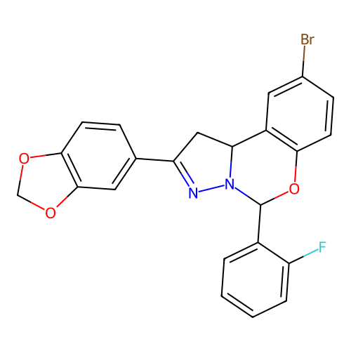 2-(1,3-benzodioxol-5-yl)-9-bromo-5-(2-fluorophenyl)-1,10b-dihydropyrazolo[1,5-c][1,3]benzoxazine structure