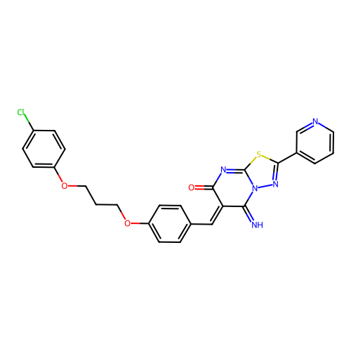 (6Z)-6-[[4-[3-(4-chlorophenoxy)propoxy]phenyl]methylidene]-5-imino-2-pyridin-3-yl-[1,3,4]thiadiazolo[3,2-a]pyrimidin-7-one structure