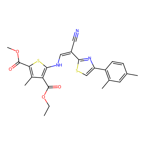 (Z)-4-ethyl 2-methyl 5-((2-cyano-2-(4-(2,4-dimethylphenyl)thiazol-2-yl)vinyl)amino)-3-methylthiophene-2,4-dicarboxylate structure