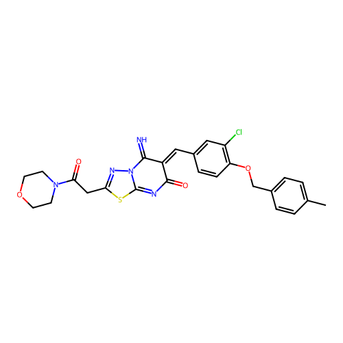 (6Z)-6-[[3-chloro-4-[(4-methylphenyl)methoxy]phenyl]methylidene]-5-imino-2-(2-morpholin-4-yl-2-oxoethyl)-[1,3,4]thiadiazolo[3,2-a]pyrimidin-7-one structure