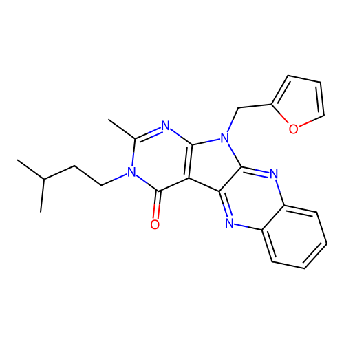 11-(furan-2-ylmethyl)-2-methyl-3-(3-methylbutyl)-3,11-dihydro-4H-pyrimido[5',4':4,5]pyrrolo[2,3-b]quinoxalin-4-one structure