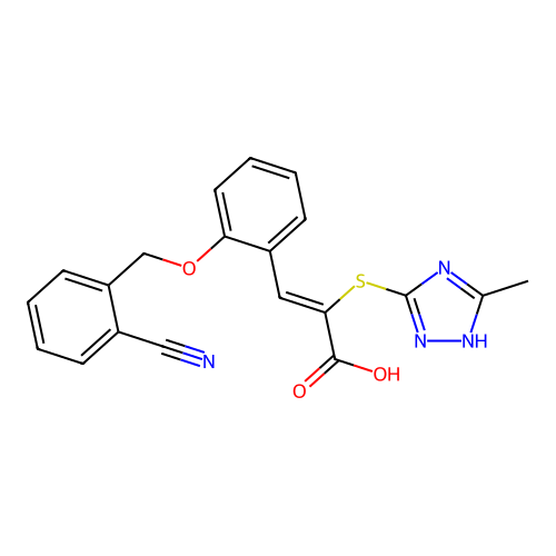 (2Z)-3-{2-[(2-cyanobenzyl)oxy]phenyl}-2-[(5-methyl-4H-1,2,4-triazol-3-yl)sulfanyl]prop-2-enoic acid structure