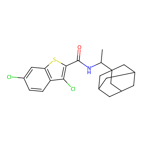 3,6-dichloro-N-[1-(tricyclo[3.3.1.1~3,7~]dec-1-yl)ethyl]-1-benzothiophene-2-carboxamide structure