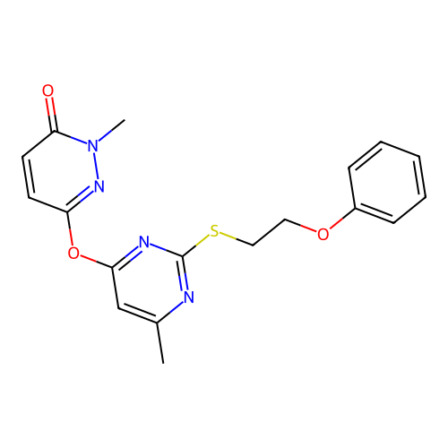 2-methyl-6-((6-methyl-2-((2-phenoxyethyl)thio)pyrimidin-4-yl)oxy)pyridazin-3(2H)-one structure
