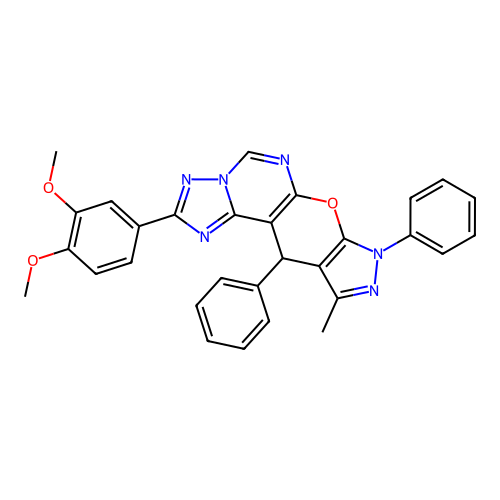 2-(3,4-dimethoxyphenyl)-10-methyl-8,11-diphenyl-8,11-dihydropyrazolo[4',3':5,6]pyrano[3,2-e][1,2,4]triazolo[1,5-c]pyrimidine structure
