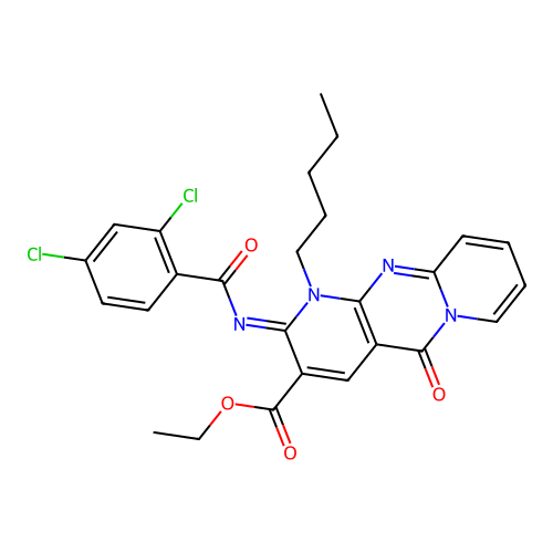 (Z)-ethyl 2-((2,4-dichlorobenzoyl)imino)-5-oxo-1-pentyl-2,5-dihydro-1H-dipyrido[1,2-a:2',3'-d]pyrimidine-3-carboxylate structure