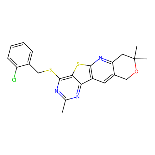 4-((2-chlorobenzyl)thio)-2,8,8-trimethyl-8,10-dihydro-7H-pyrano[3'',4'':5',6']pyrido[3',2':4,5]thieno[3,2-d]pyrimidine structure