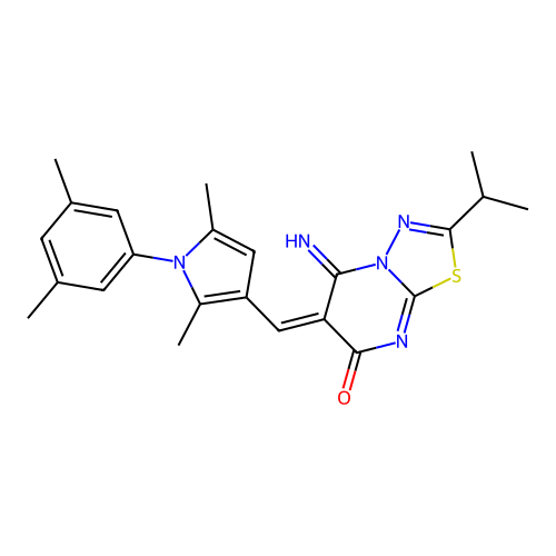 (6E)-6-[[1-(3,5-dimethylphenyl)-2,5-dimethylpyrrol-3-yl]methylidene]-5-imino-2-propan-2-yl-[1,3,4]thiadiazolo[3,2-a]pyrimidin-7-one structure