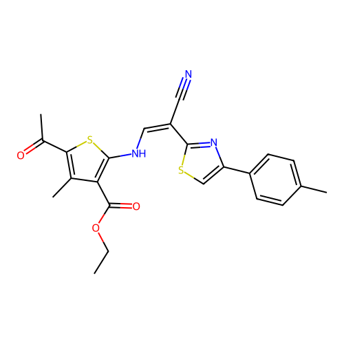 (Z)-ethyl 5-acetyl-2-((2-cyano-2-(4-(p-tolyl)thiazol-2-yl)vinyl)amino)-4-methylthiophene-3-carboxylate structure