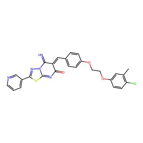 (6Z)-6-[[4-[2-(4-chloro-3-methylphenoxy)ethoxy]phenyl]methylidene]-5-imino-2-pyridin-3-yl-[1,3,4]thiadiazolo[3,2-a]pyrimidin-7-one structure