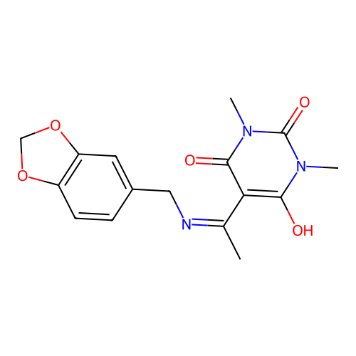 5-(1-((benzo[d][1,3]dioxol-5-ylmethyl)amino)ethylidene)-1,3-dimethylpyrimidine-2,4,6(1H,3H,5H)-trione structure
