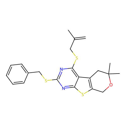 2-(benzylsulfanyl)-6,6-dimethyl-4-[(2-methylprop-2-en-1-yl)sulfanyl]-5,8-dihydro-6H-pyrano[4',3':4,5]thieno[2,3-d]pyrimidine structure