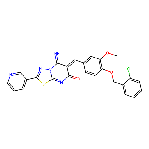 (6Z)-6-[[4-[(2-chlorophenyl)methoxy]-3-methoxyphenyl]methylidene]-5-imino-2-pyridin-3-yl-[1,3,4]thiadiazolo[3,2-a]pyrimidin-7-one structure